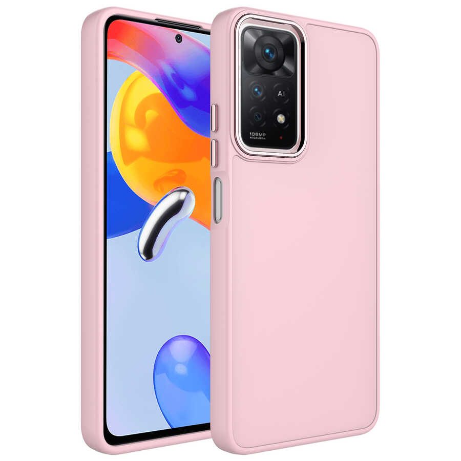 Xiaomi Redmi Note 11S Global Kılıf Metal Çerçeve ve Buton Tasarımlı Silikon NXXA Luna Kapak-Pembe