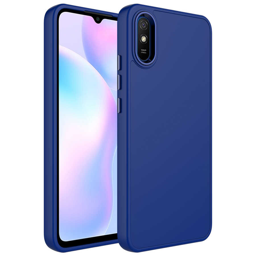 Xiaomi Redmi 9A Kılıf Metal Çerçeve ve Buton Tasarımlı Silikon NXXA Luna Kapak-Lacivert