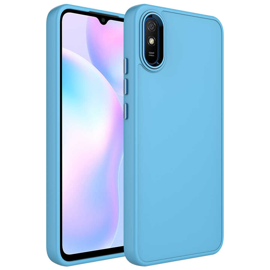 Xiaomi Redmi 9A Kılıf Metal Çerçeve ve Buton Tasarımlı Silikon NXXA Luna Kapak-Sierra Mavi
