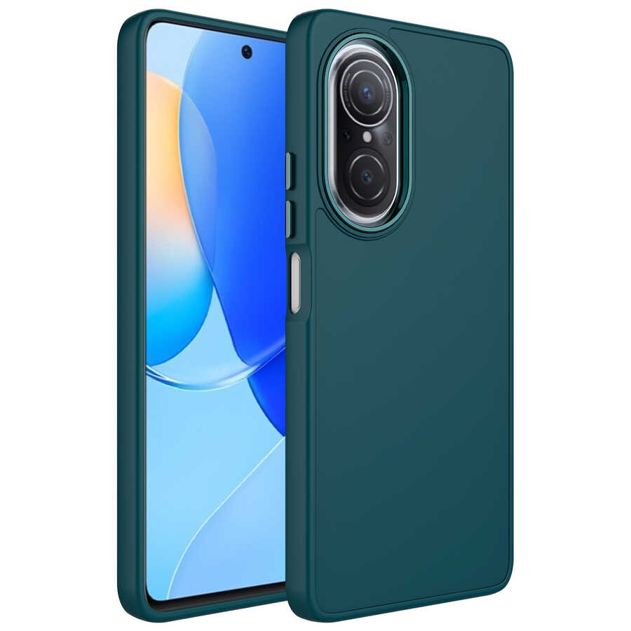 Huawei Nova 9 SE Kılıf Metal Çerçeve ve Buton Tasarımlı Silikon NXXA Luna Kapak-Koyu Yeşil