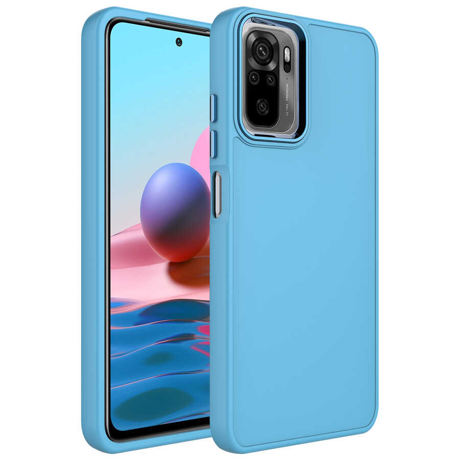 Xiaomi Redmi Note 10 Kılıf Metal Çerçeve ve Buton Tasarımlı Silikon NXXA Luna Kapak-Sierra Mavi