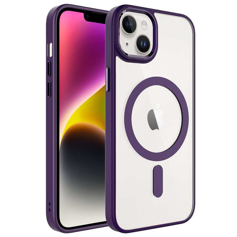 iPhone 14 Plus Uyumlu Wireless Şarj Özellikli NXXA Krom Magsafe Silikon Kapak-Derin Mor
