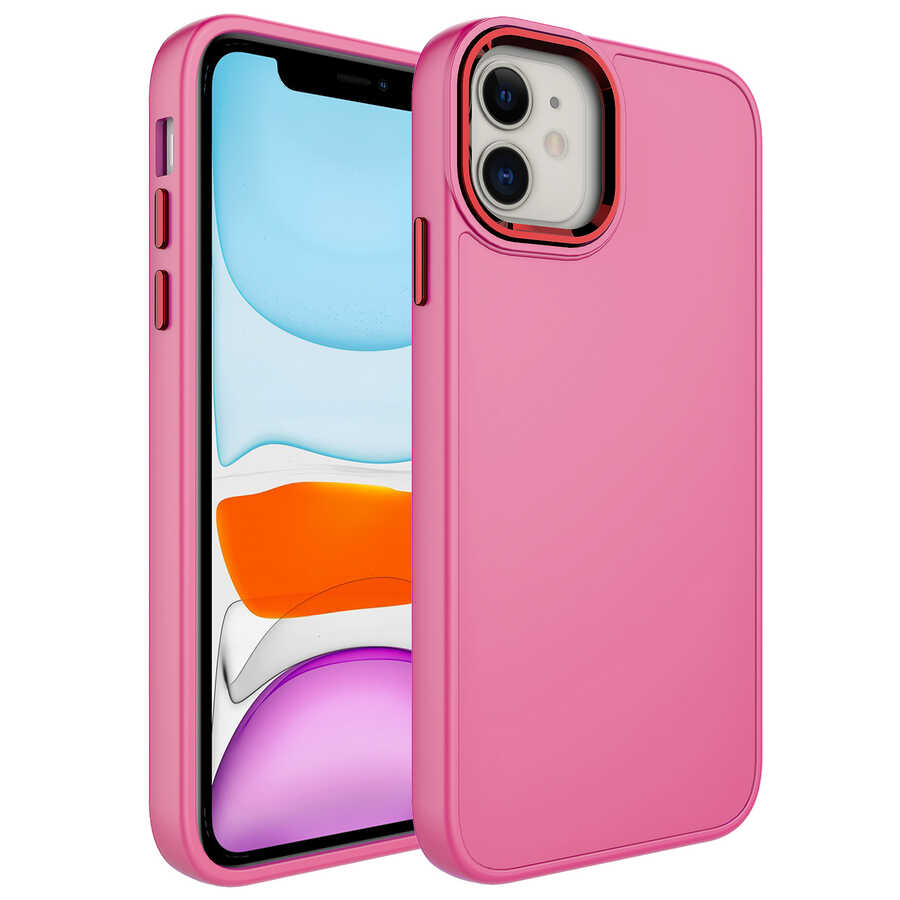 iPhone 11 Uyumlu Metal Çerçeve ve Buton Tasarımlı Silikon NXXA Luna Kapak-Pembe