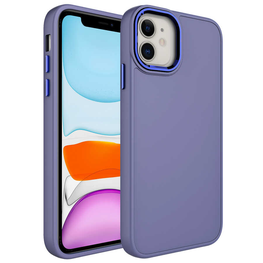 iPhone 11 Uyumlu Metal Çerçeve ve Buton Tasarımlı Silikon NXXA Luna Kapak-Lavendery Gray