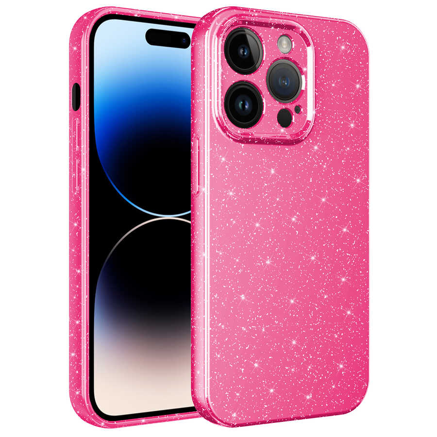 iPhone 14 Pro Uyumlu Kamera Korumalı Simli Lüks NXXA Koton Kapak-Pembe Koyu