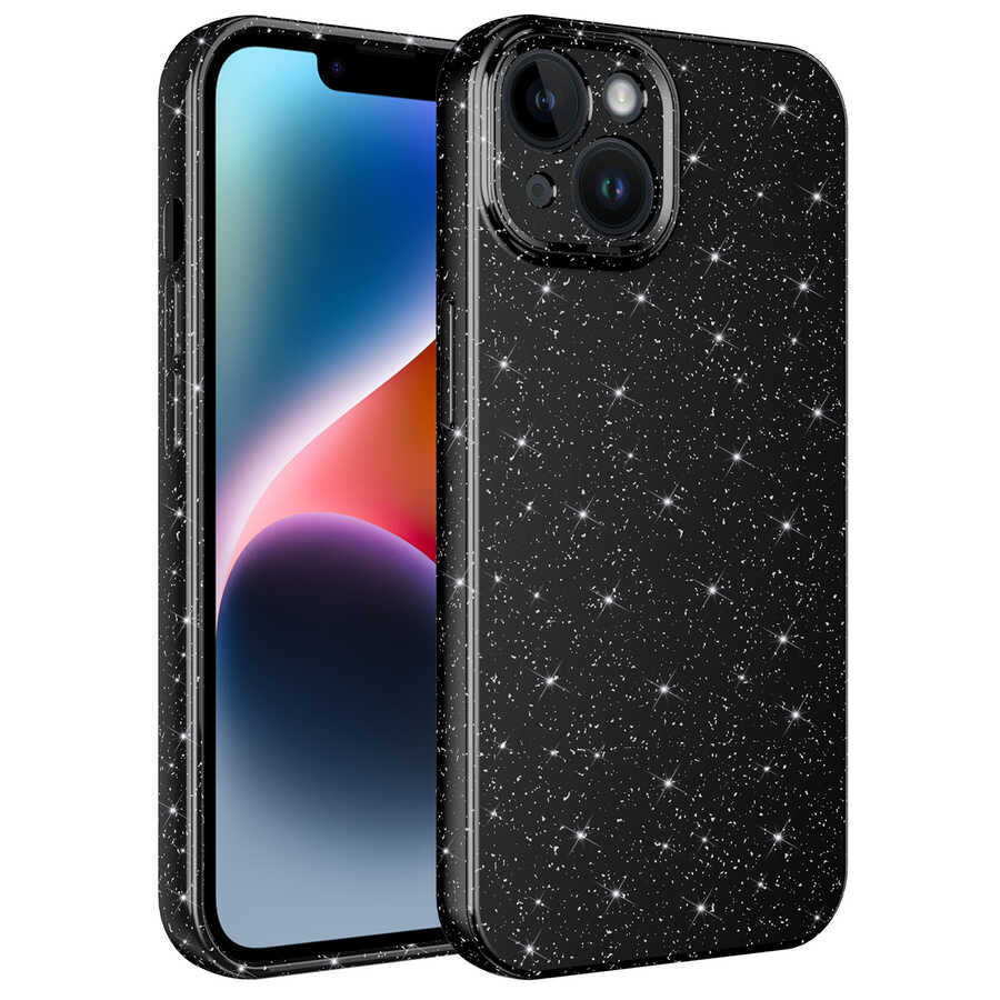 Apple iPhone 13 Kılıf Kamera Korumalı Simli Lüks NXXA Koton Kapak-Siyah
