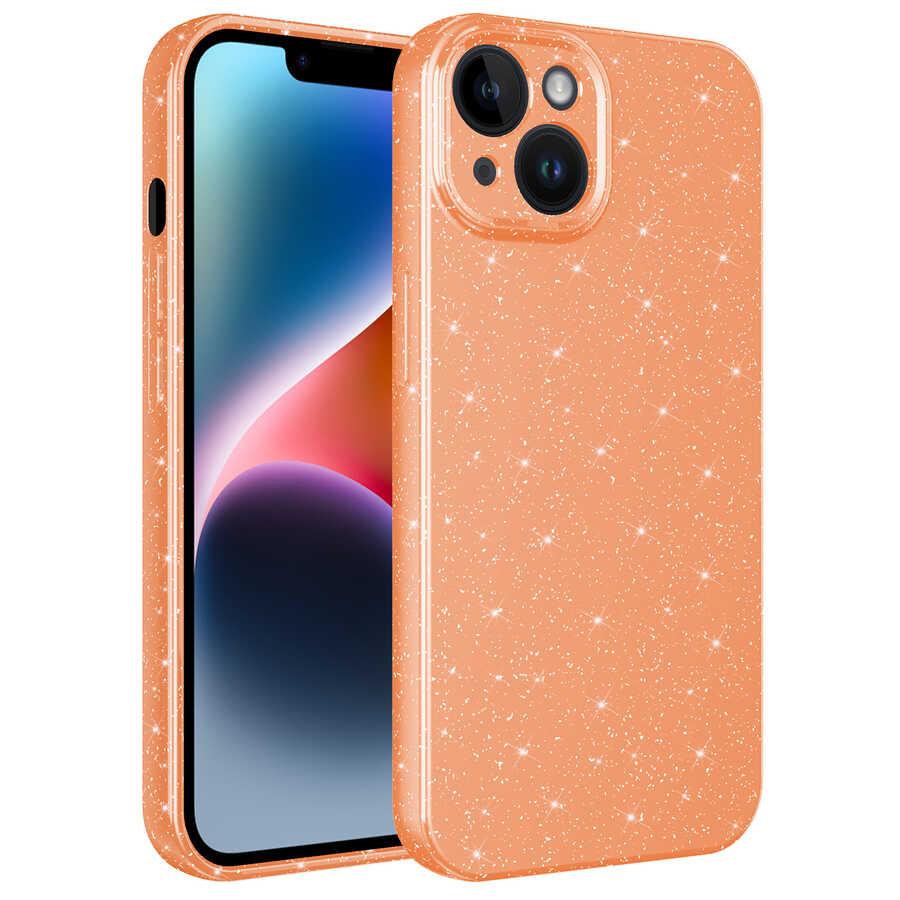 iPhone 13 Uyumlu Kamera Korumalı Simli Lüks NXXA Koton Kapak-Turuncu