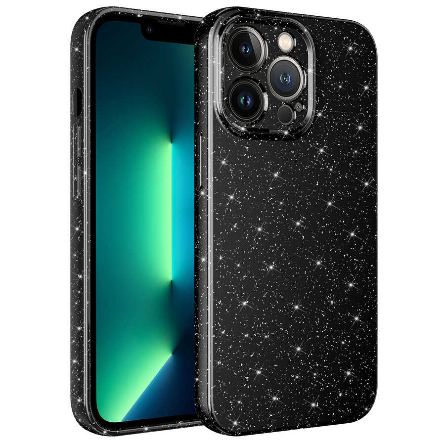 Apple iPhone 13 Pro Kılıf Kamera Korumalı Simli Lüks NXXA Koton Kapak-Siyah