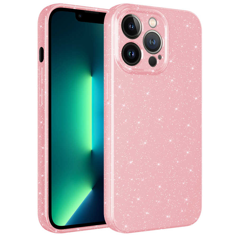 Apple iPhone 13 Pro Kılıf Kamera Korumalı Simli Lüks NXXA Koton Kapak-Pembe