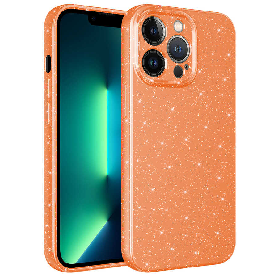iPhone 13 Pro Uyumlu Kamera Korumalı Simli Lüks NXXA Koton Kapak-Turuncu