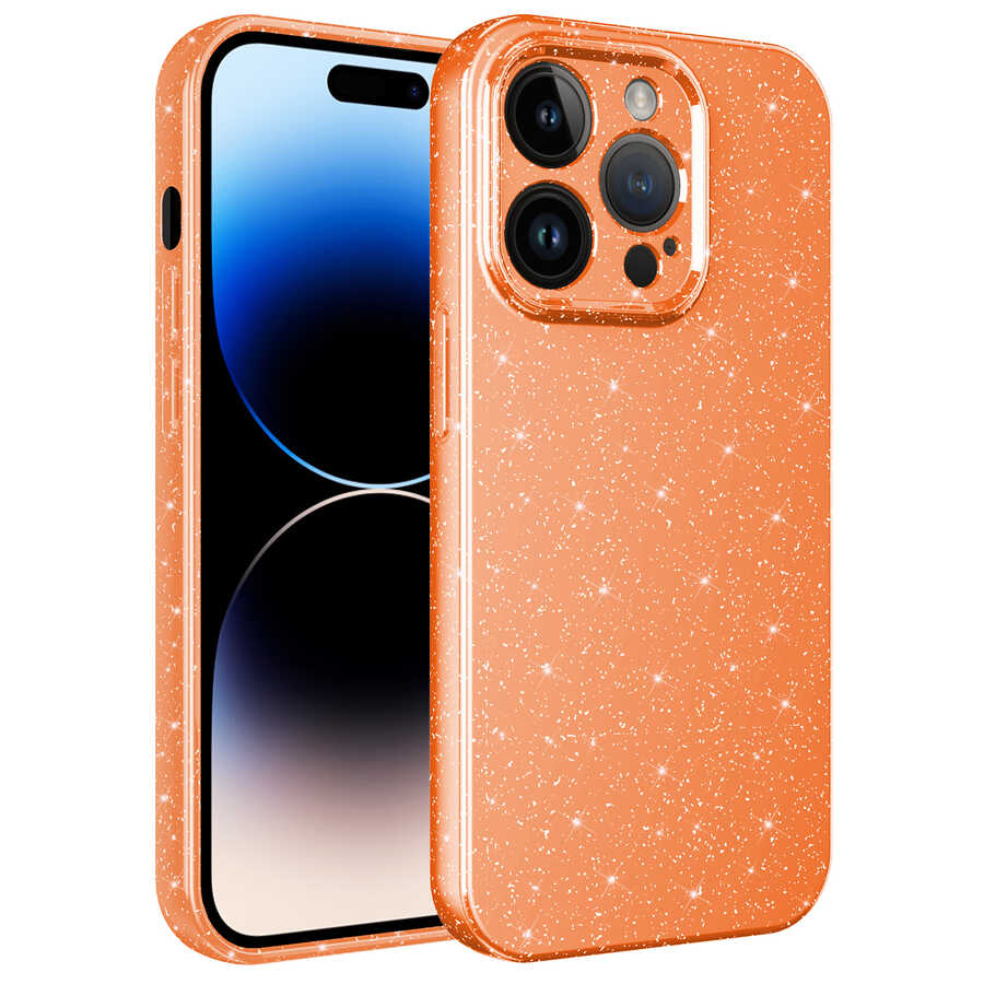 iPhone 14 Pro Max Uyumlu Kamera Korumalı Simli Lüks NXXA Koton Kapak-Turuncu