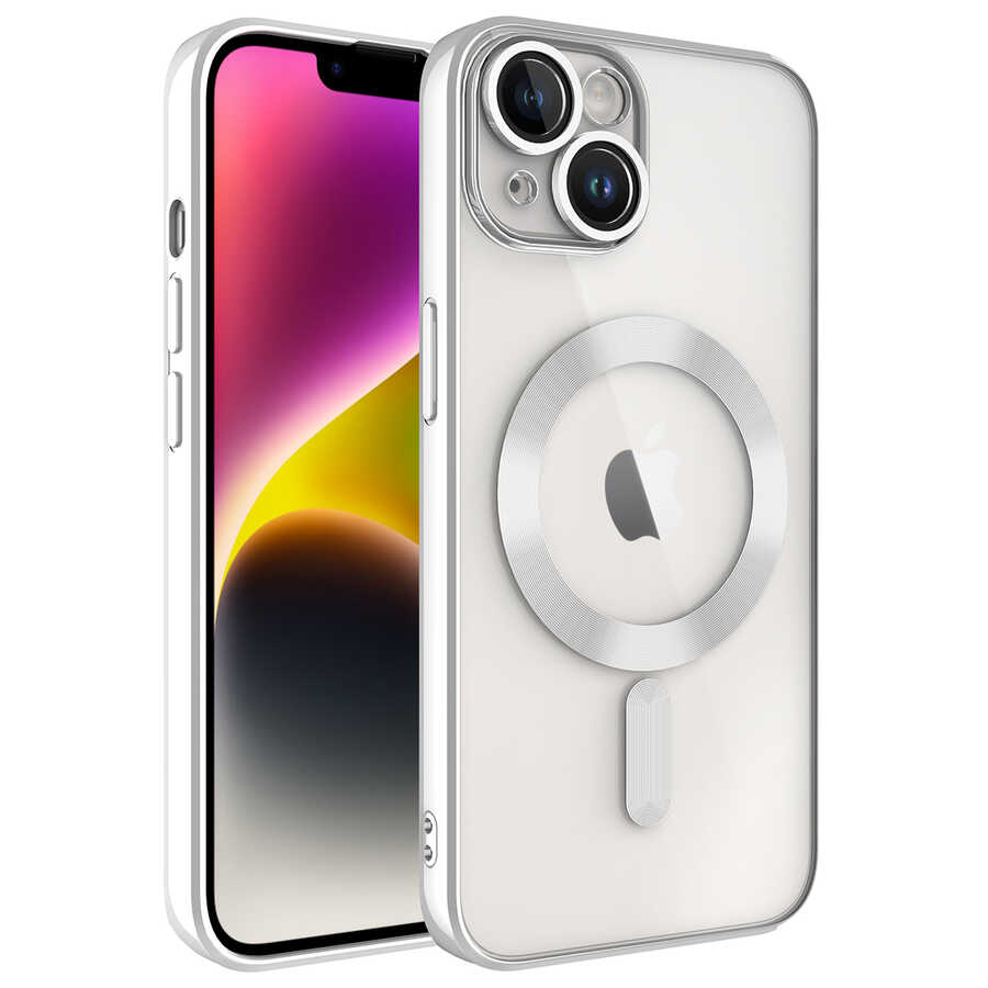 iPhone 14 Plus Uyumlu Kamera Korumalı Magsafe Wireless Şarj Özellikli NXXA Demre Kapak-Gümüş