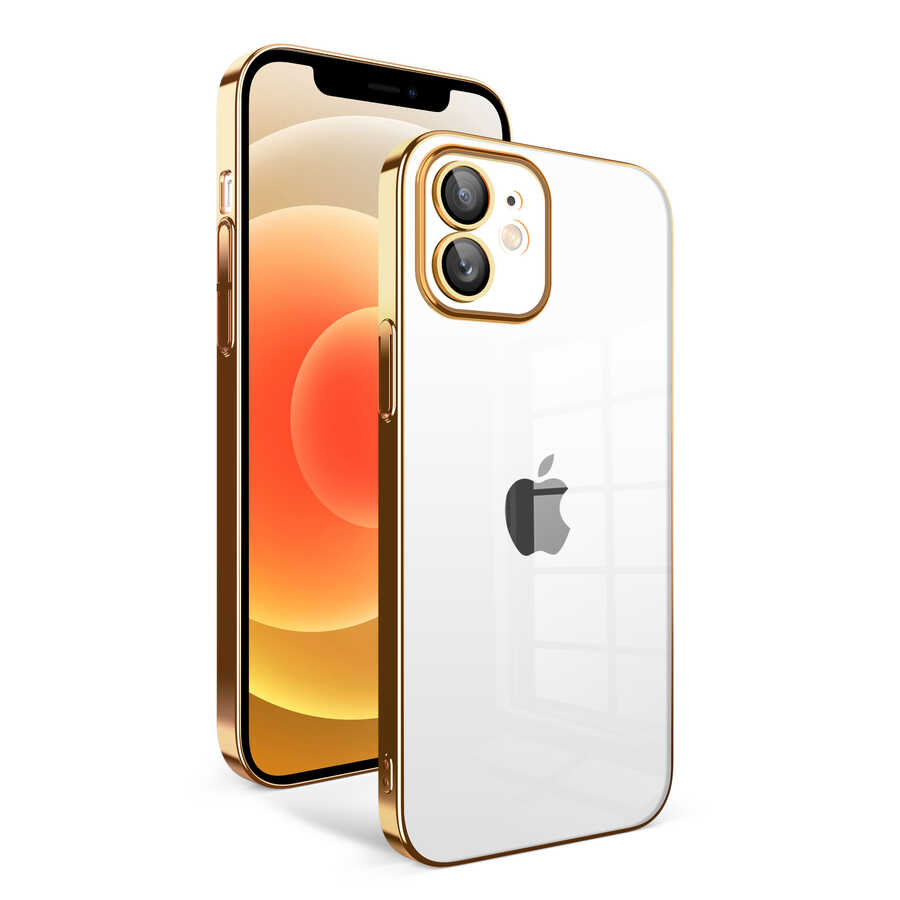 iPhone 12 Uyumlu Kamera Korumalı Renkli Çerçeveli NXXA Garaj Kapak-Gold
