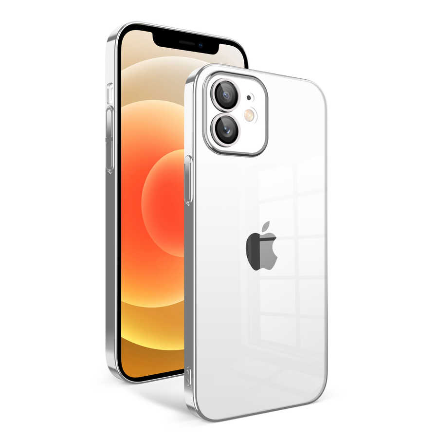 iPhone 12 Uyumlu Kamera Korumalı Renkli Çerçeveli NXXA Garaj Kapak-Gümüş