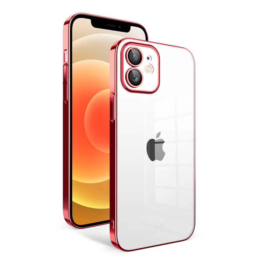 iPhone 12 Uyumlu Kamera Korumalı Renkli Çerçeveli NXXA Garaj Kapak-Kırmızı