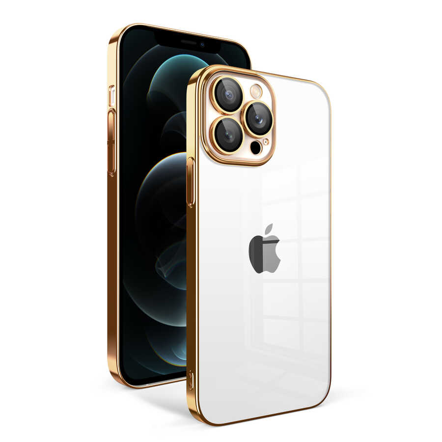 Apple iPhone 12 Pro Max Kılıf Kamera Korumalı Renkli Çerçeveli NXXA Garaj Kapak-Gold