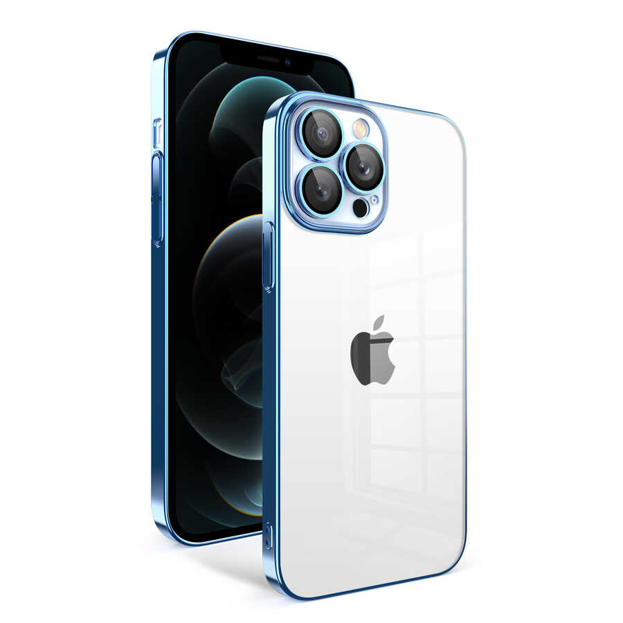 Apple iPhone 12 Pro Max Kılıf Kamera Korumalı Renkli Çerçeveli NXXA Garaj Kapak-Mavi Açık