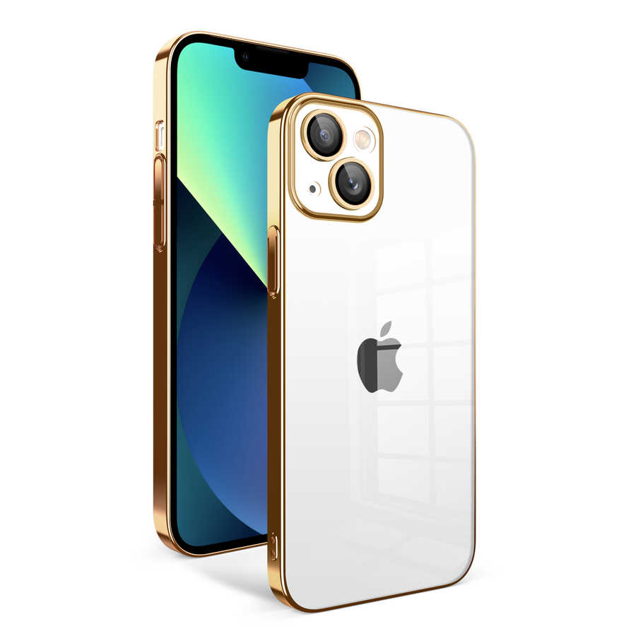 iPhone 13 Uyumlu Kamera Korumalı Renkli Çerçeveli NXXA Garaj Kapak-Gold