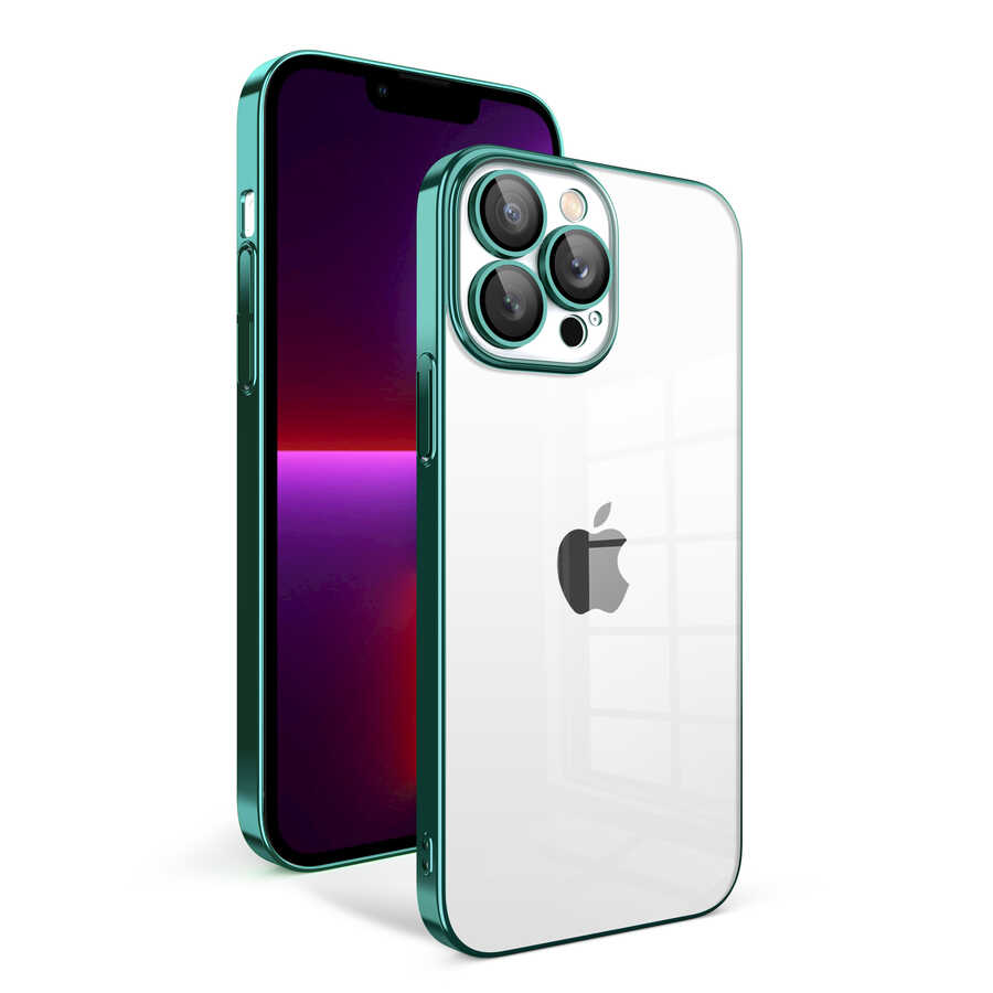iPhone 13 Pro Uyumlu Kamera Korumalı Renkli Çerçeveli NXXA Garaj Kapak-Koyu Yeşil
