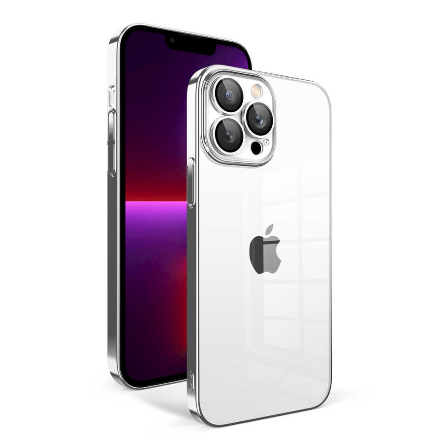 iPhone 13 Pro Uyumlu Kamera Korumalı Renkli Çerçeveli NXXA Garaj Kapak-Gümüş