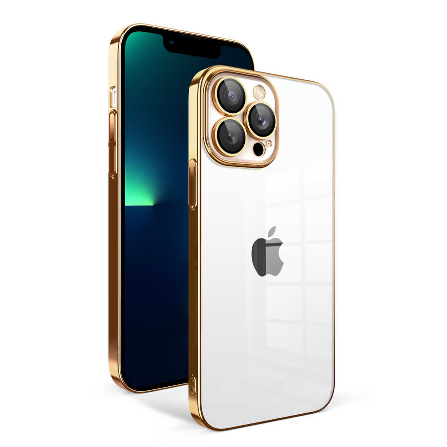 iPhone 13 Pro Max Uyumlu Kamera Korumalı Renkli Çerçeveli NXXA Garaj Kapak-Gold