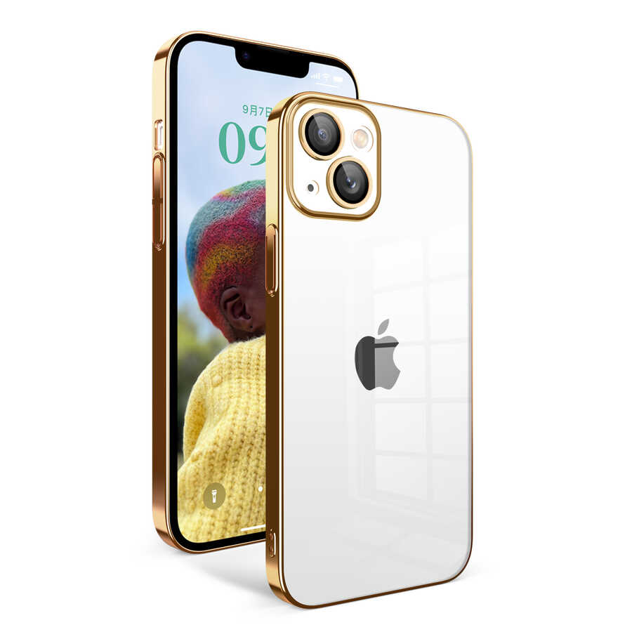 Apple iPhone 14 Kılıf Kamera Korumalı Renkli Çerçeveli NXXA Garaj Kapak-Gold