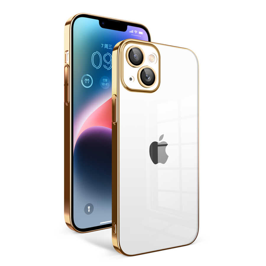 Apple iPhone 14 Plus Kılıf Kamera Korumalı Renkli Çerçeveli NXXA Garaj Kapak-Gold