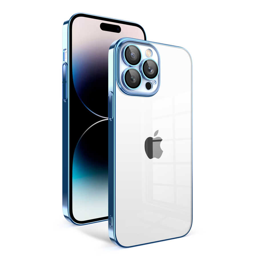 iPhone 14 Pro Uyumlu Kamera Korumalı Renkli Çerçeveli NXXA Garaj Kapak-Mavi Açık
