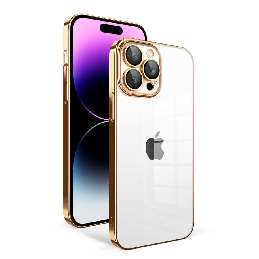 Apple iPhone 14 Pro Max Kılıf Kamera Korumalı Renkli Çerçeveli NXXA Garaj Kapak-Gold