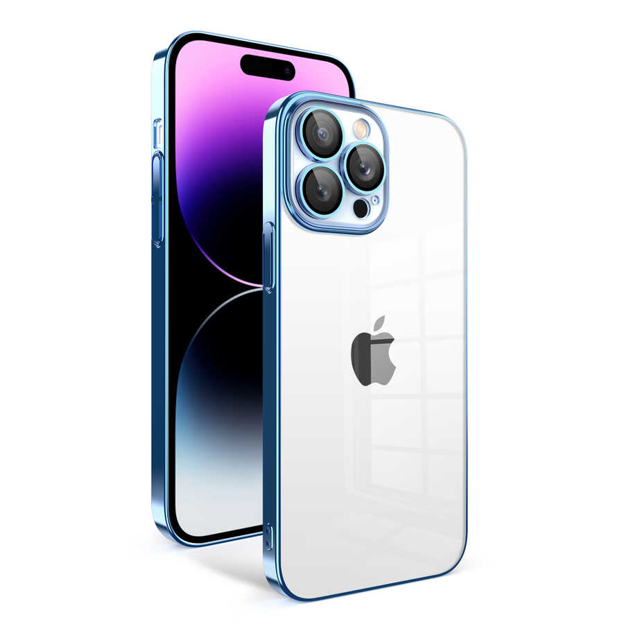 iPhone 14 Pro Max Uyumlu Kamera Korumalı Renkli Çerçeveli NXXA Garaj Kapak-Mavi Açık