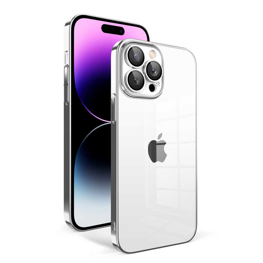 Apple iPhone 14 Pro Max Kılıf Kamera Korumalı Renkli Çerçeveli NXXA Garaj Kapak-Gümüş
