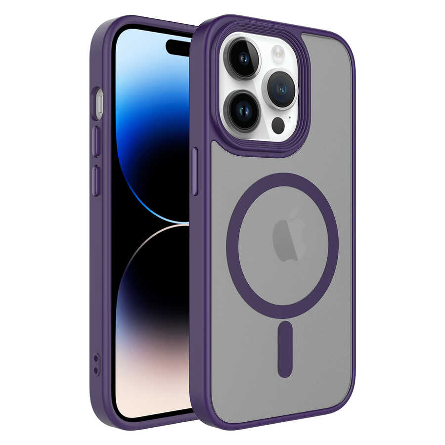 Apple iPhone 14 Pro Max Kılıf Mat Arka Yüzey Wireless Şarj Özellikli NXXA Flet Magsafe Kapak-Derin Mor