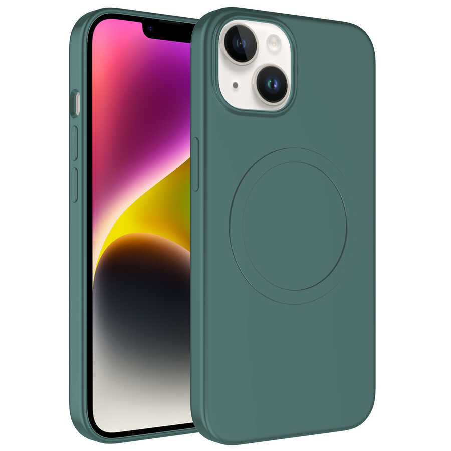 Apple iPhone 14 Plus Kılıf Magsafe Wireless Şarj Özellikli Pastel Renk Silikon NXXA Plas Kapak-Koyu Yeşil