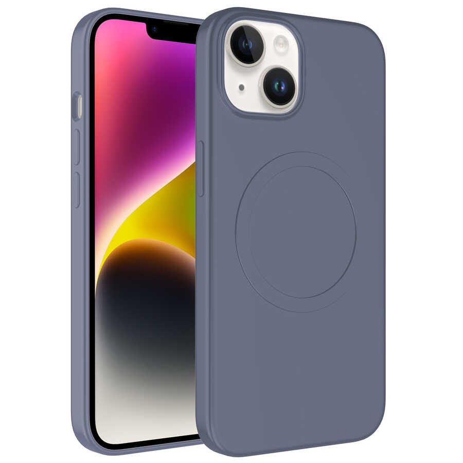 iPhone 14 Plus Uyumlu Magsafe Wireless Şarj Özellikli Pastel Renk Silikon NXXA Plas Kapak-Lavendery Gray