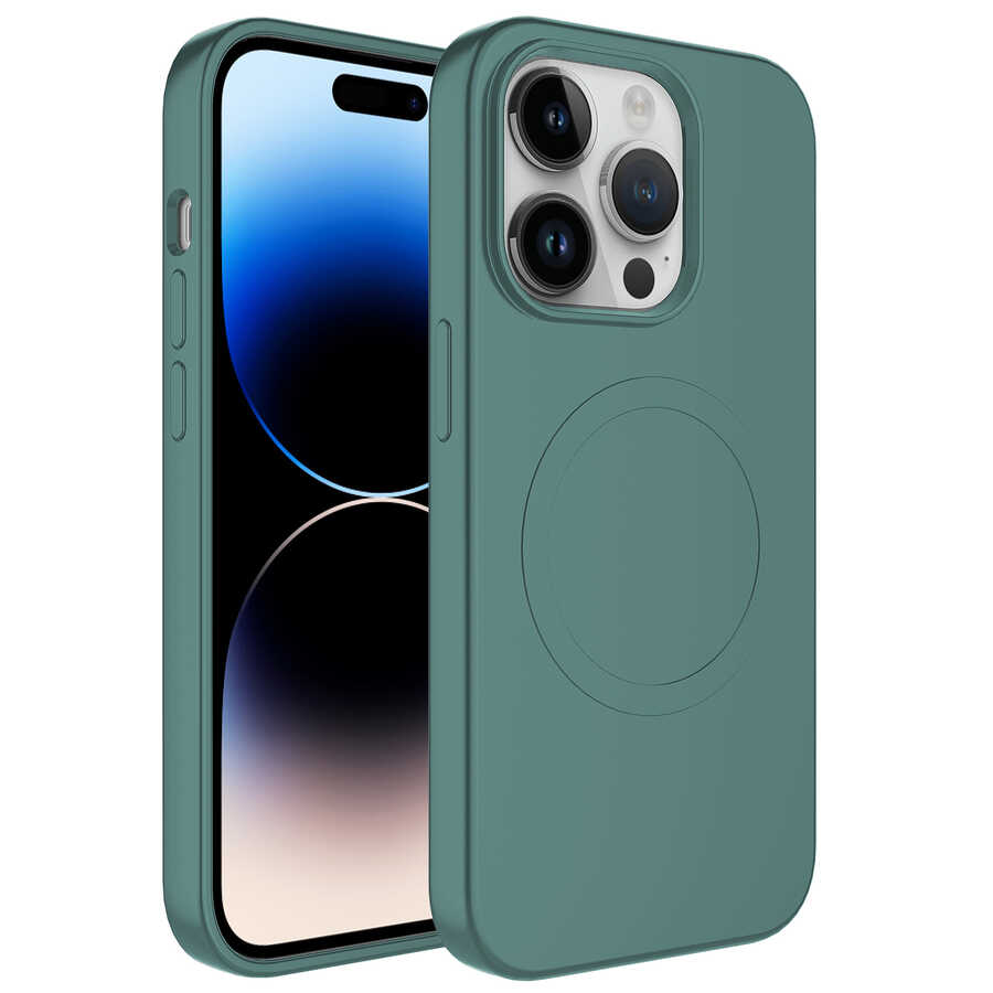 iPhone 14 Pro Uyumlu Magsafe Wireless Şarj Özellikli Pastel Renk Silikon NXXA Plas Kapak-Koyu Yeşil
