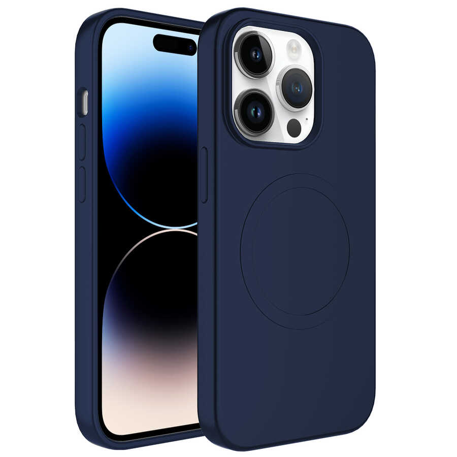 Apple iPhone 14 Pro Max Kılıf Magsafe Wireless Şarj Özellikli Pastel Renk Silikon NXXA Plas Kapak-Lacivert