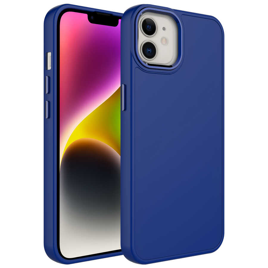 iPhone 11 Uyumlu Metal Çerçeve ve Buton Tasarımlı Silikon NXXA Luna Kapak-Lacivert