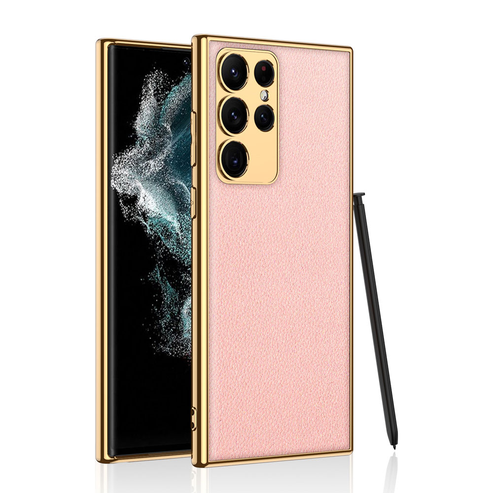 Galaxy S23 Ultra Kılıf Deri Görünümlü Kenarları Elektroplating Kaplama NXXA Fizyon Kapak-Pembe