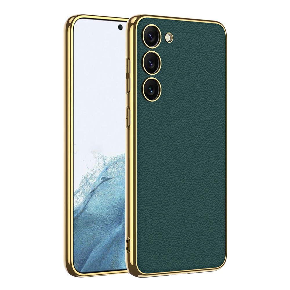 Galaxy S23 Plus Kılıf Deri Görünümlü Kenarları Elektroplating Kaplama NXXA Fizyon Kapak-Koyu Yeşil