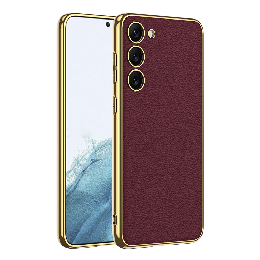 Galaxy S23 Plus Kılıf Deri Görünümlü Kenarları Elektroplating Kaplama NXXA Fizyon Kapak-Kırmızı