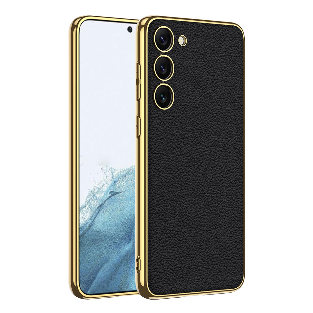 Galaxy S23 Kılıf Deri Görünümlü Kenarları Elektroplating Kaplama NXXA Fizyon Kapak-Siyah