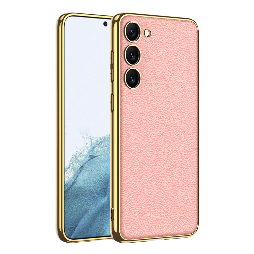 Galaxy S23 Kılıf Deri Görünümlü Kenarları Elektroplating Kaplama NXXA Fizyon Kapak-Pembe