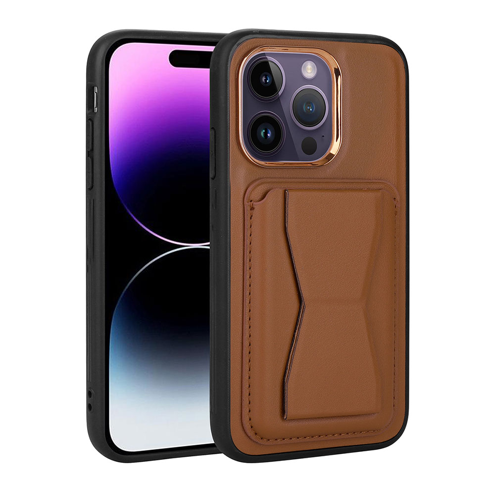 Apple iPhone 14 Pro Kılıf Kartlıklı Standlı Pu Deri NXXA Memo Kapak-Kahverengi