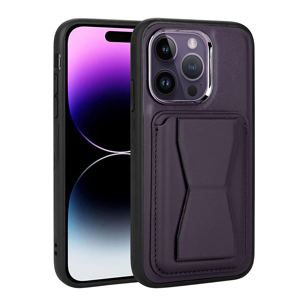 Apple iPhone 14 Pro Kılıf Kartlıklı Standlı Pu Deri NXXA Memo Kapak-Koyu Mor