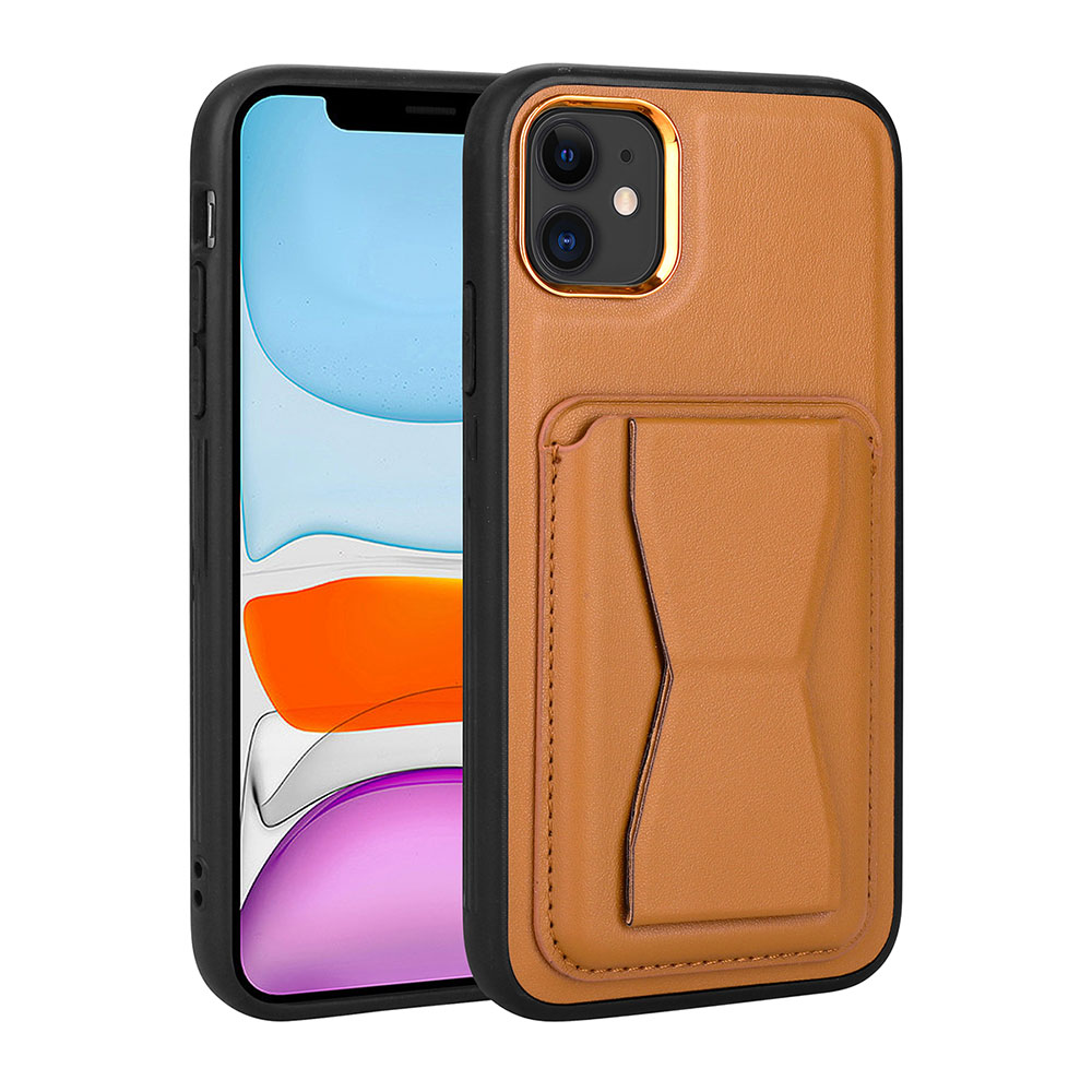 iPhone 11 Uyumlu Kartlıklı Standlı Pu Deri NXXA Memo Kapak-Kahve Açık