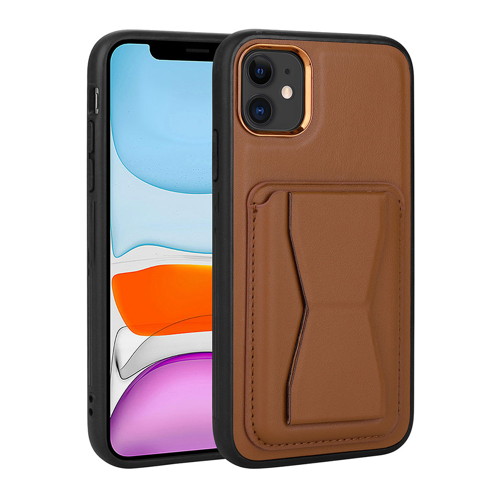 Apple iPhone 11 Kılıf Kartlıklı Standlı Pu Deri NXXA Memo Kapak-Kahverengi