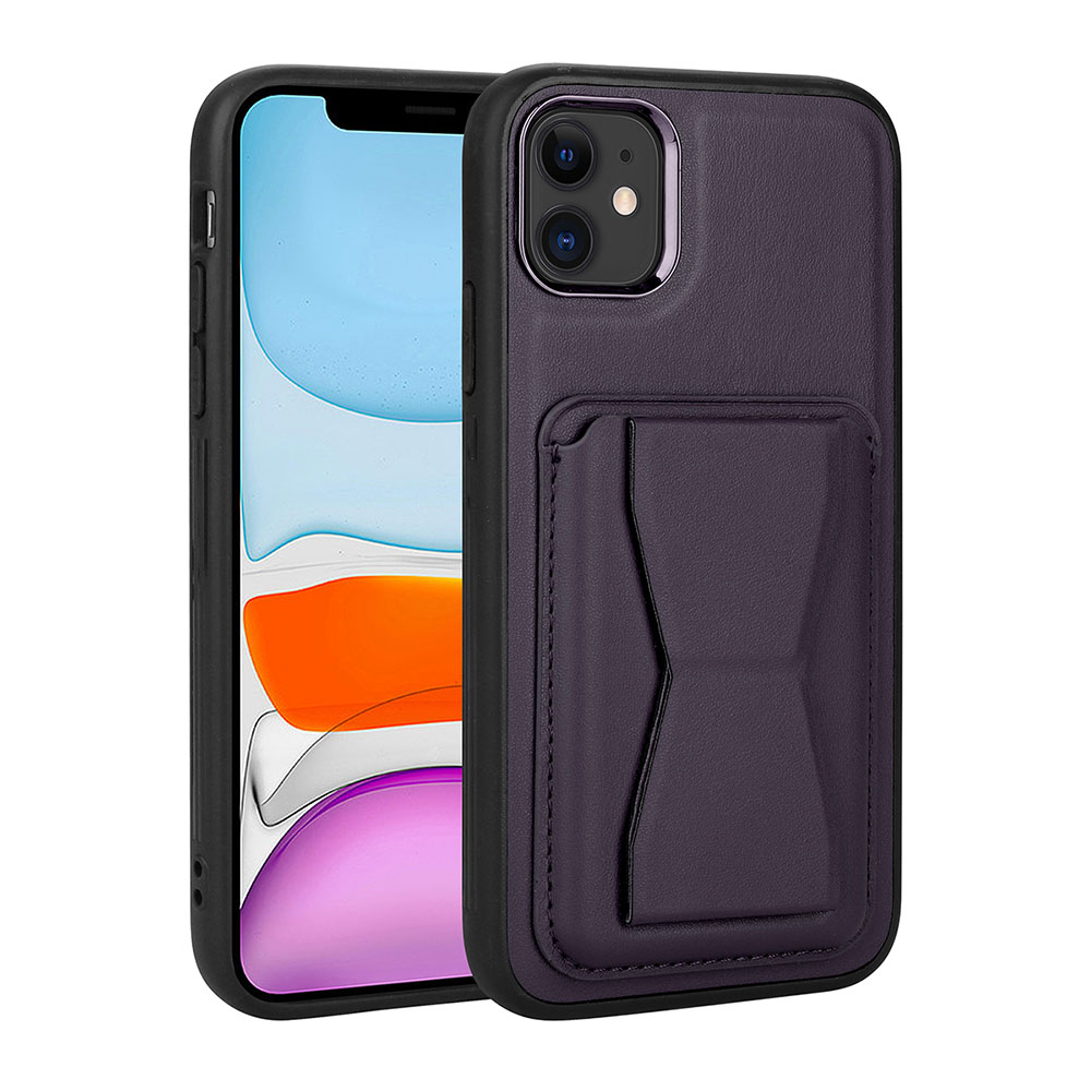 iPhone 11 Uyumlu Kartlıklı Standlı Pu Deri NXXA Memo Kapak-Koyu Mor