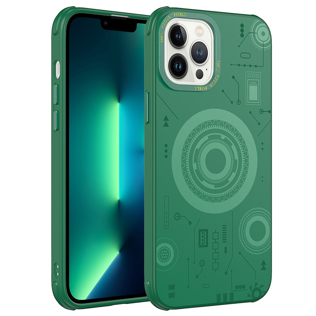 Apple iPhone 13 Pro Kılıf NXXA Wireless Şarj Özellikli Desenli Hot Kapak-Koyu Yeşil
