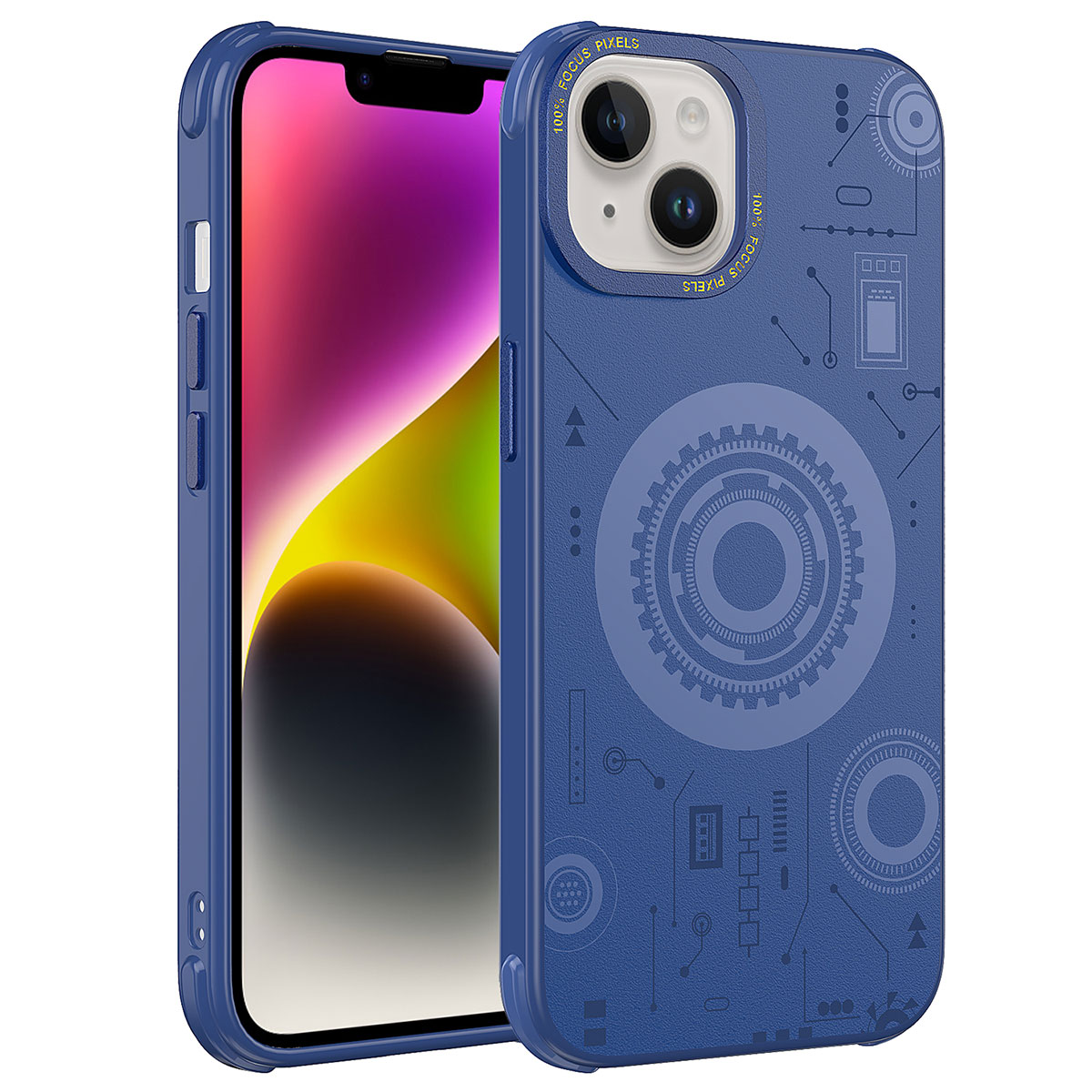 Apple iPhone 14 Plus Kılıf NXXA Wireless Şarj Özellikli Desenli Hot Kapak-Lacivert