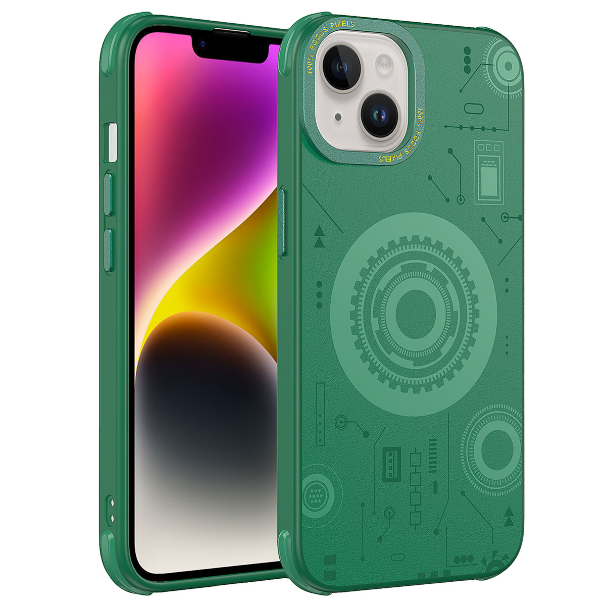 Apple iPhone 14 Plus Kılıf NXXA Wireless Şarj Özellikli Desenli Hot Kapak-Koyu Yeşil